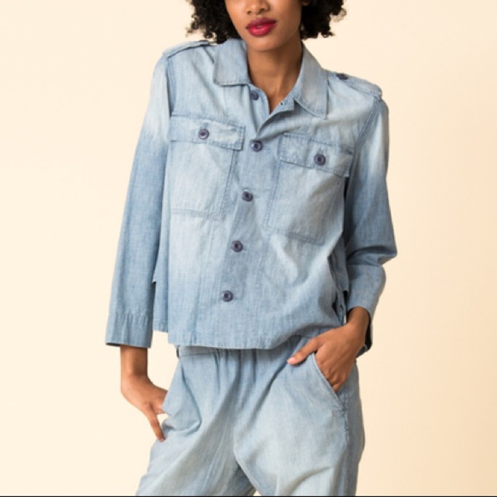 AMO denim Ruffle Back Army Jacket Jean Size M